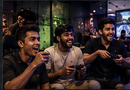 Players competing together at a gaming station